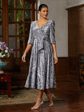 Grey Velvet V-Neck Midi Dress