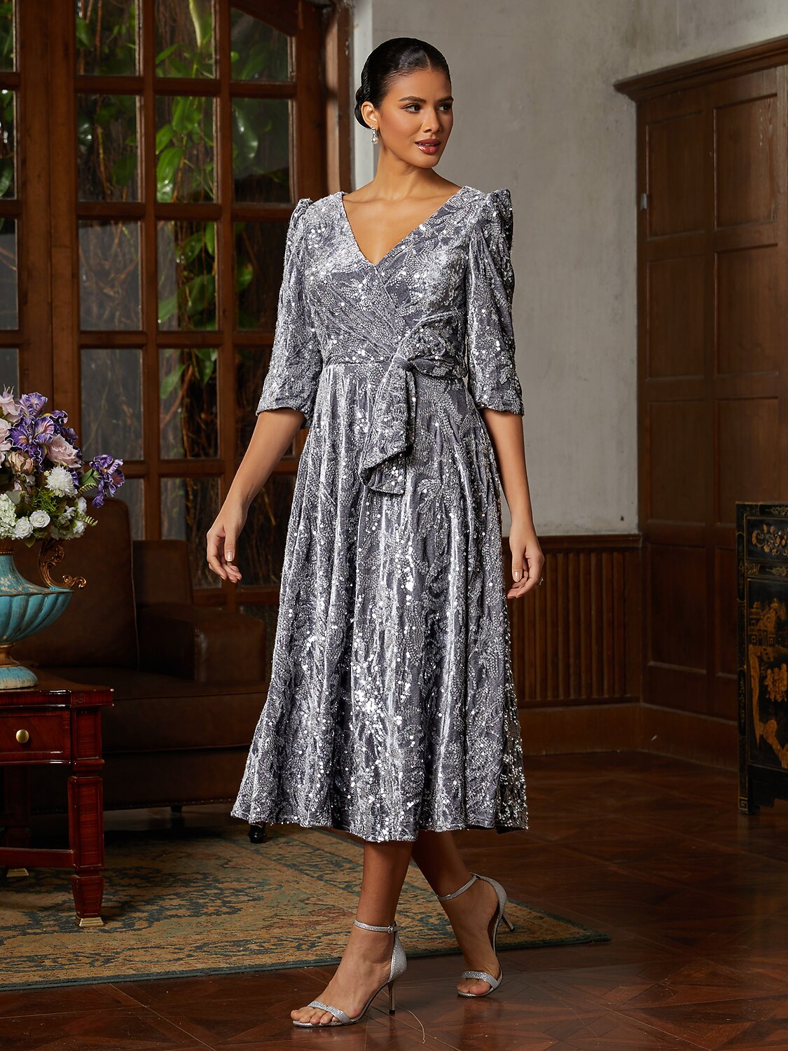 Grey Velvet V-Neck Midi Dress
