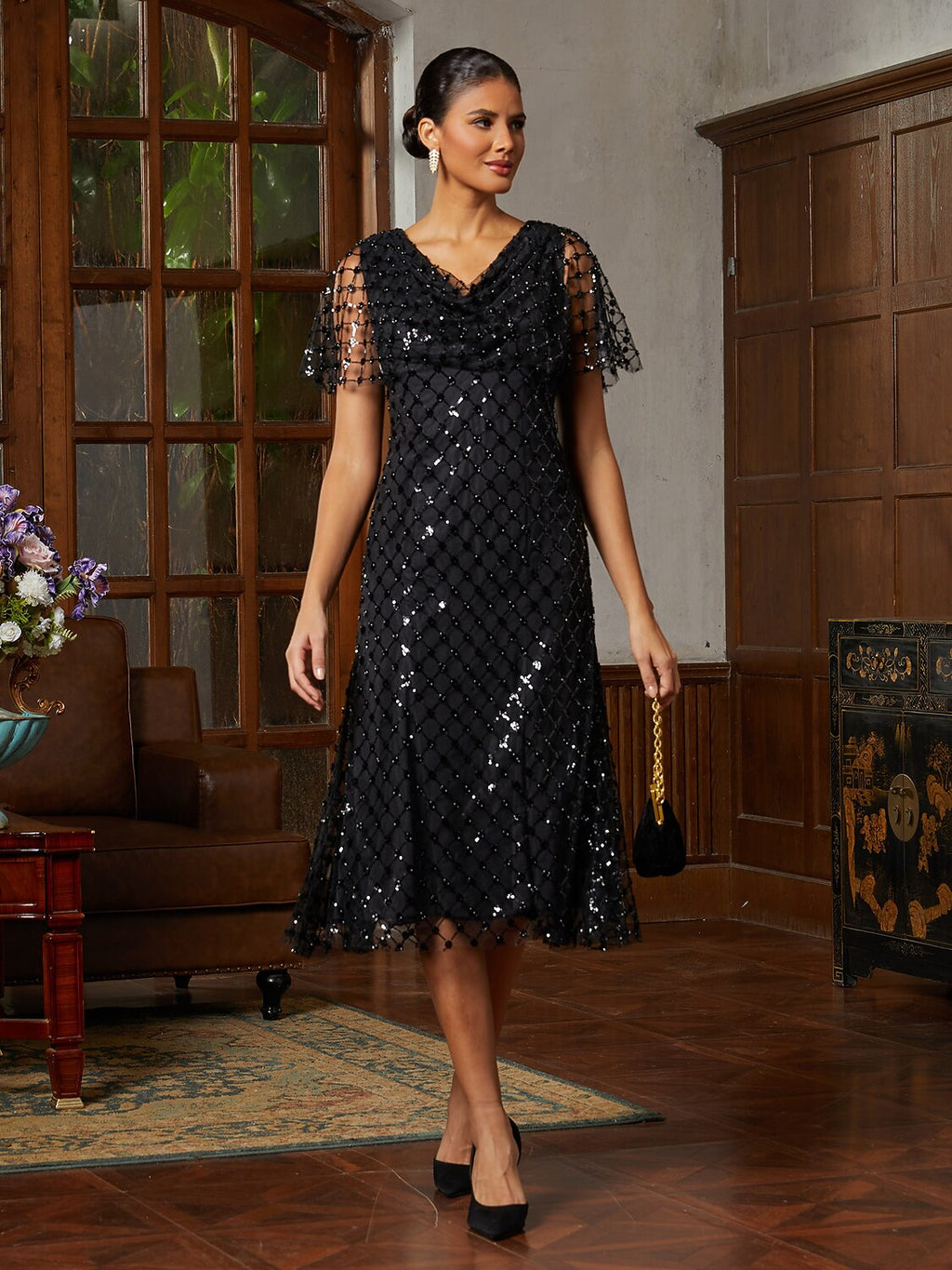 Black Glitter Charmeuse Midi Dress