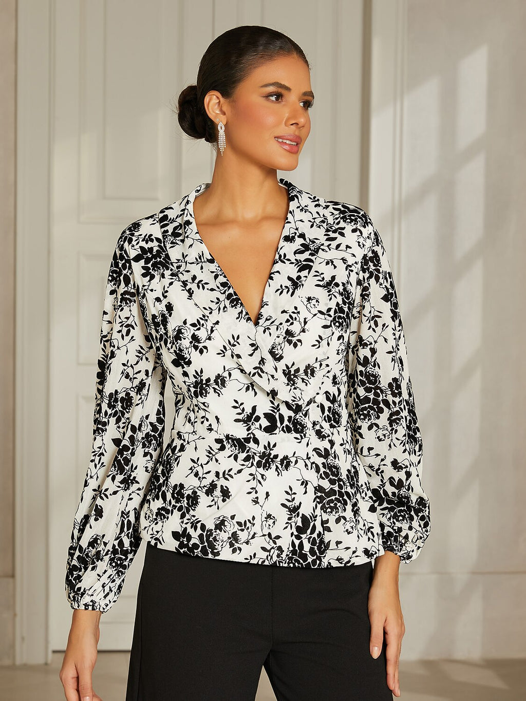 White Chiffon Lantern-Sleeve Blouse