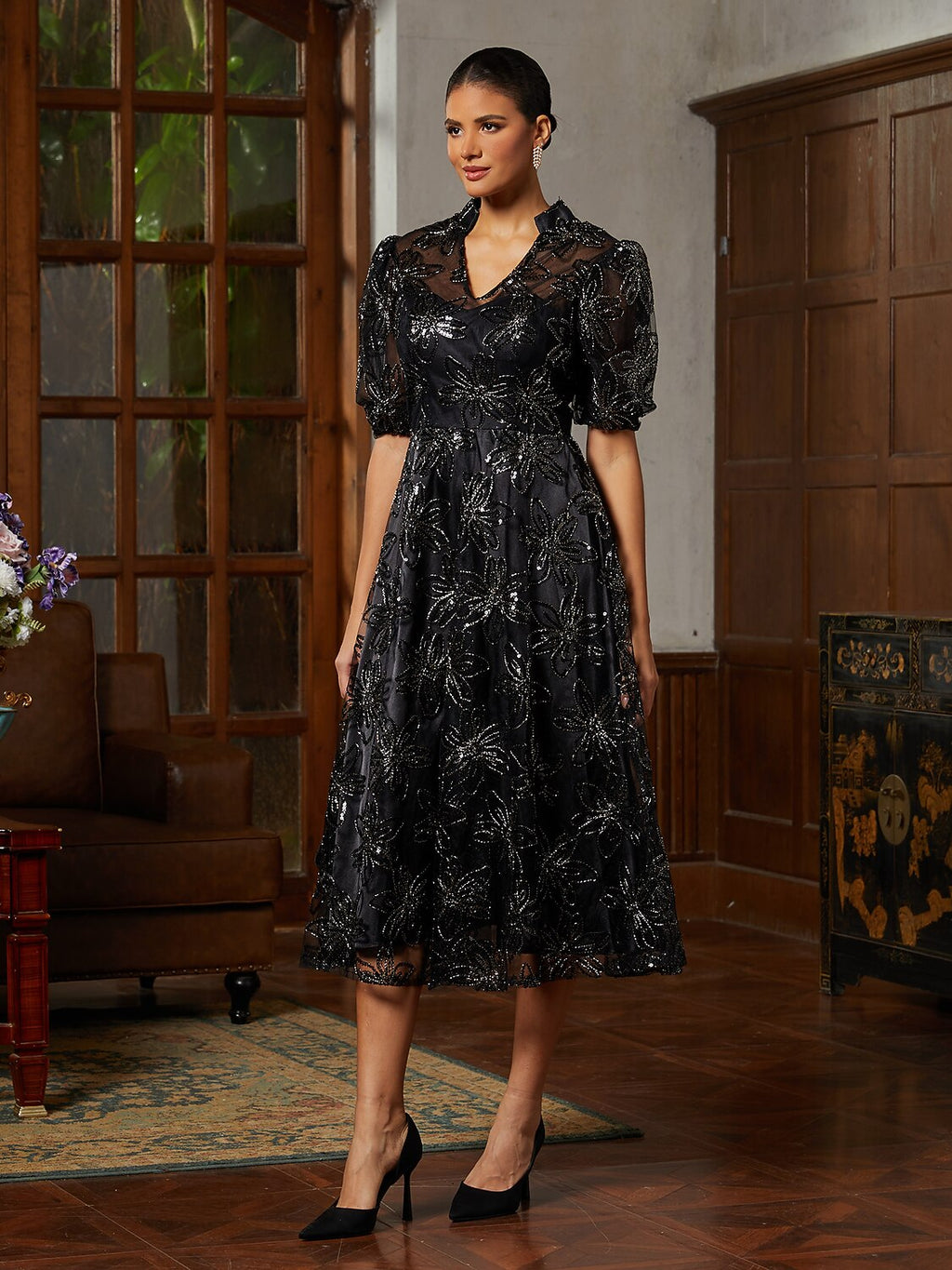 Black Tulle Illusion-Sleeve Midi Dress