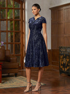 Navy Pleated Velvet Midi Dress