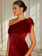 Burgundy One-Shoulder Velvet Dress