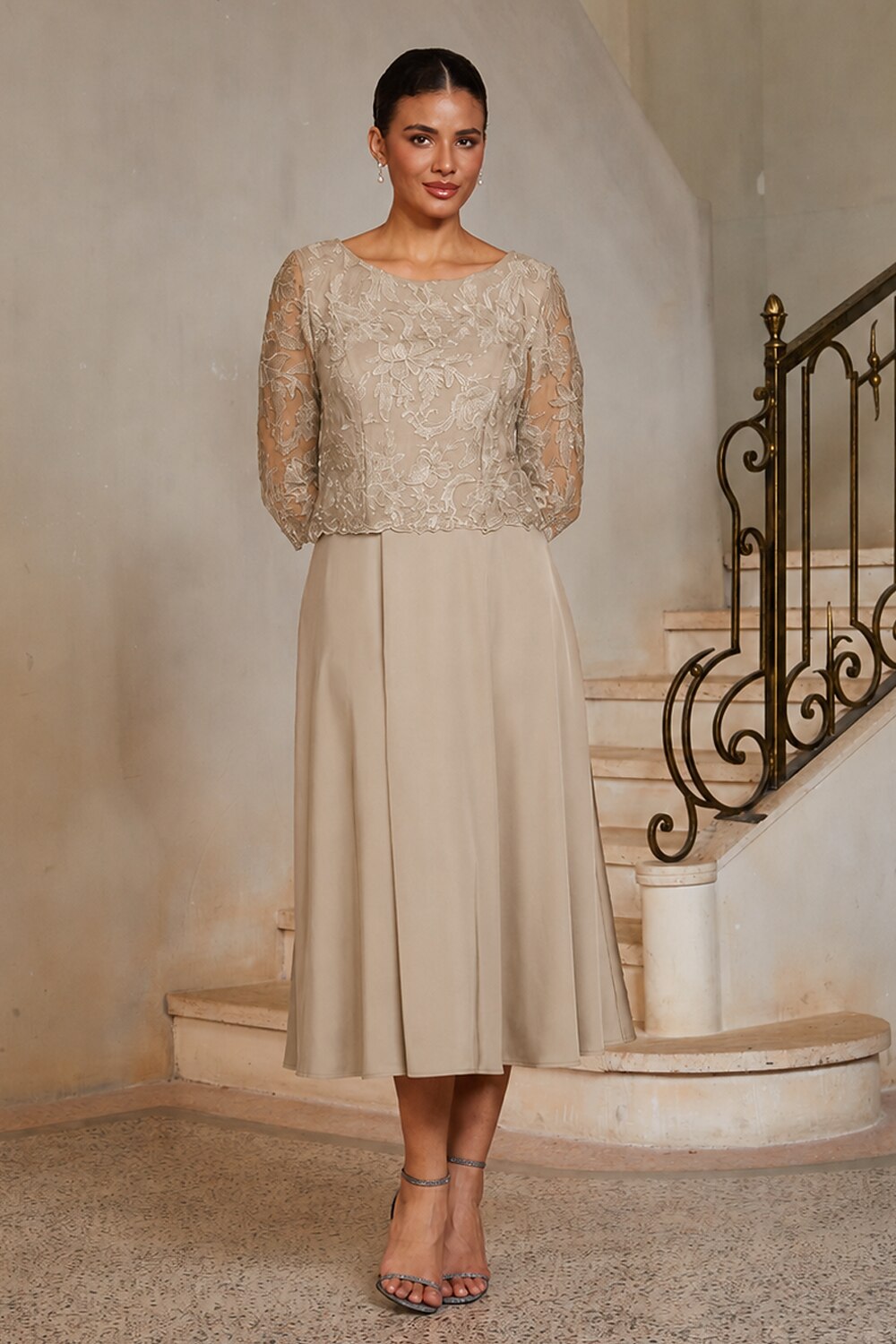 Champagne Lace Embroidered Midi Dress