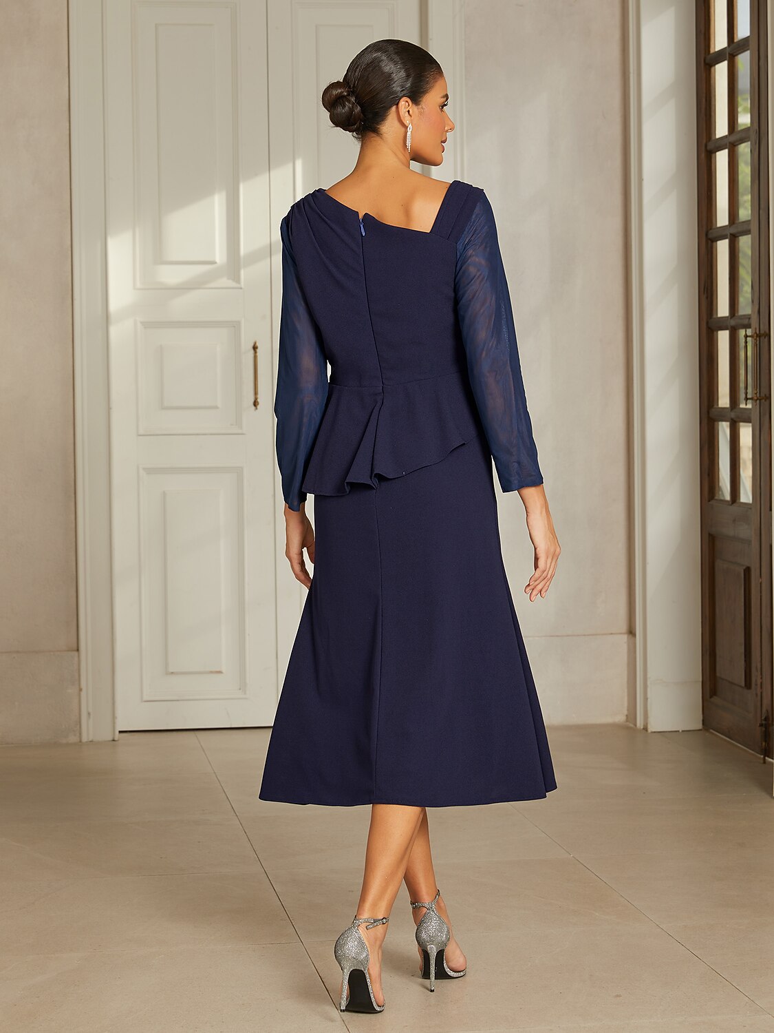 Navy Ruffle Mesh Midi Dress