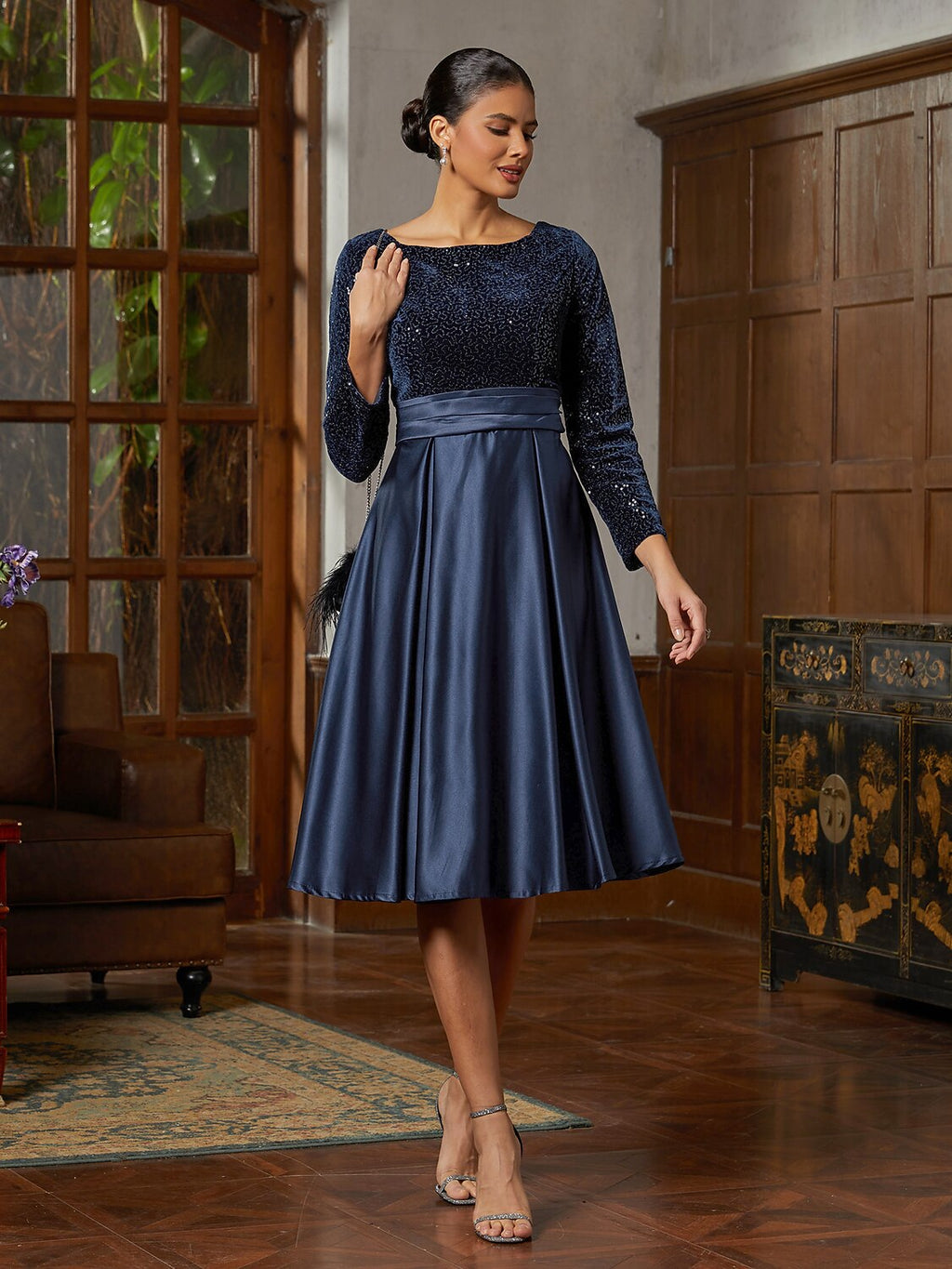 Navy Sequined Velvet Midi Dress