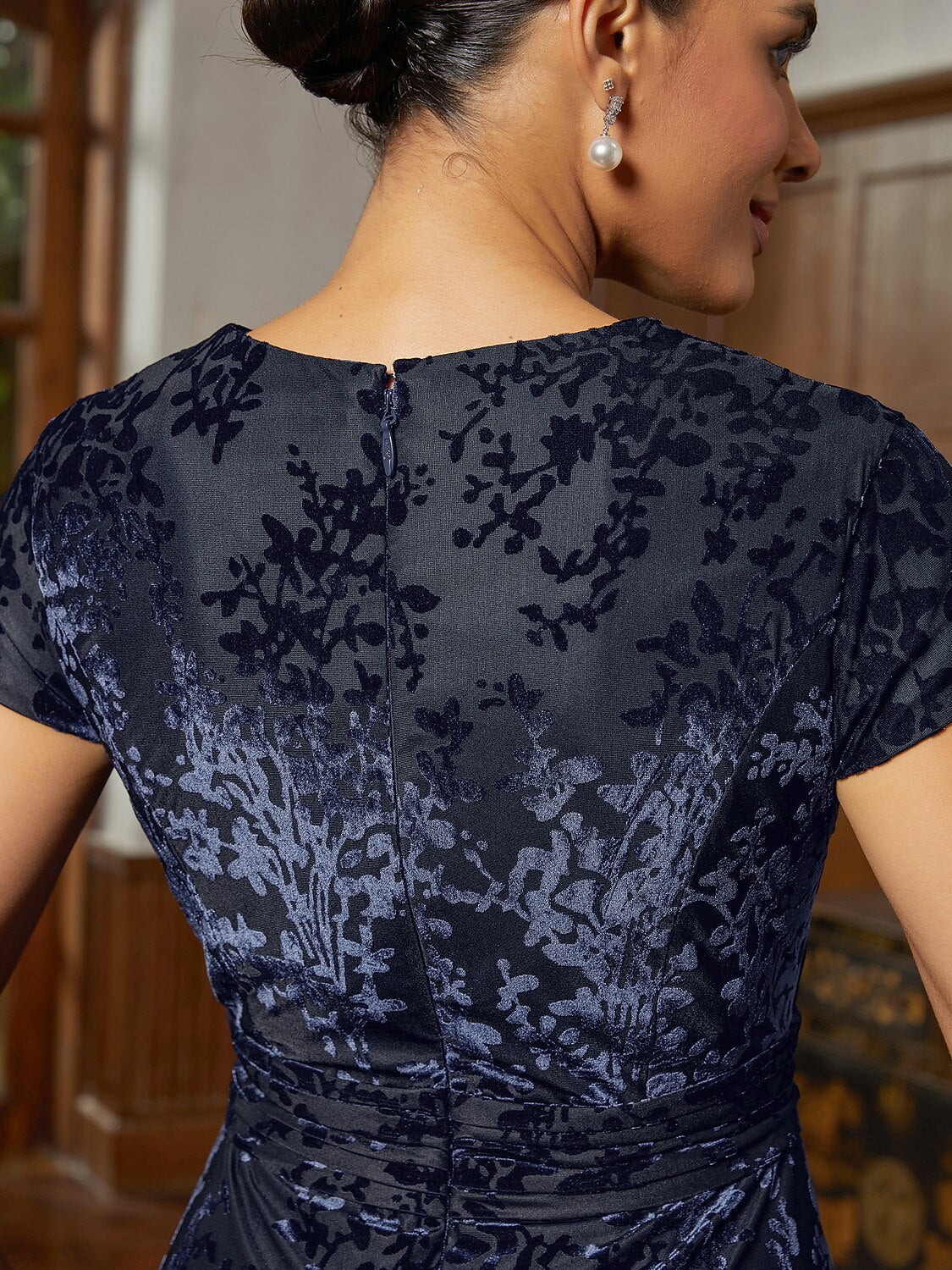Navy Pleated Velvet Midi Dress