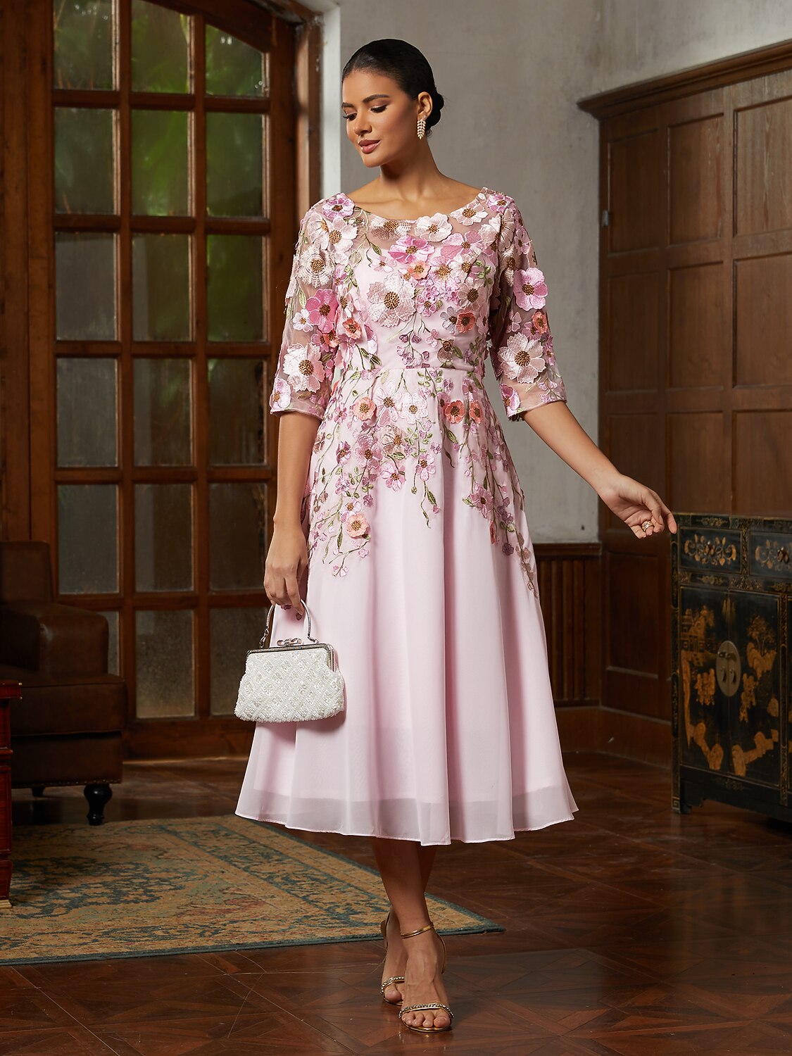 Pink Floral Appliqué Tulle Dress