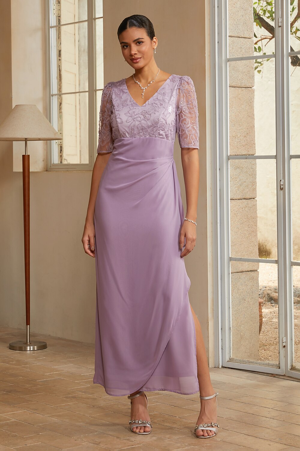 Floral Appliqué Chiffon Column Gown
