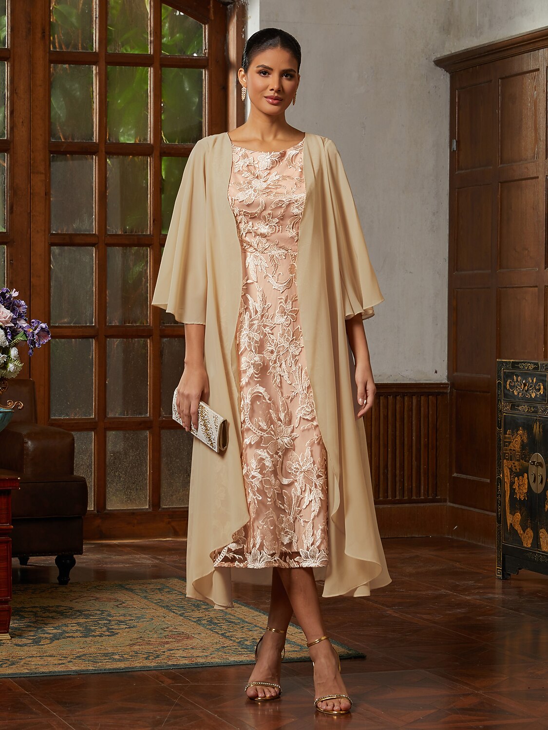 Champagne Lace Jacket Dress Set
