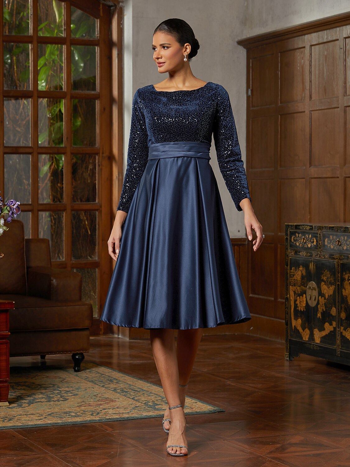 Navy Sequined Velvet Midi Dress