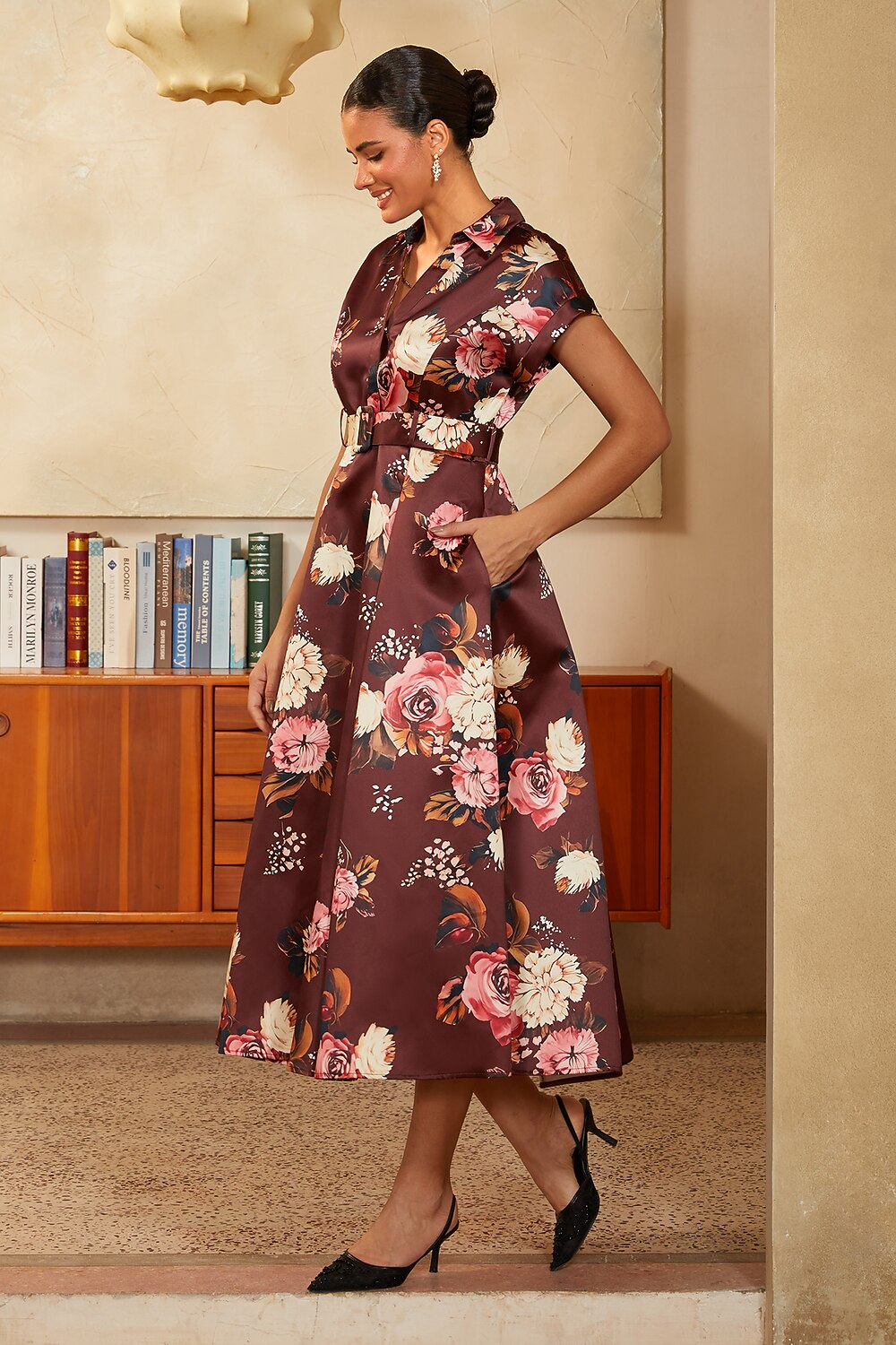 Floral Satin Collared Midi Dress