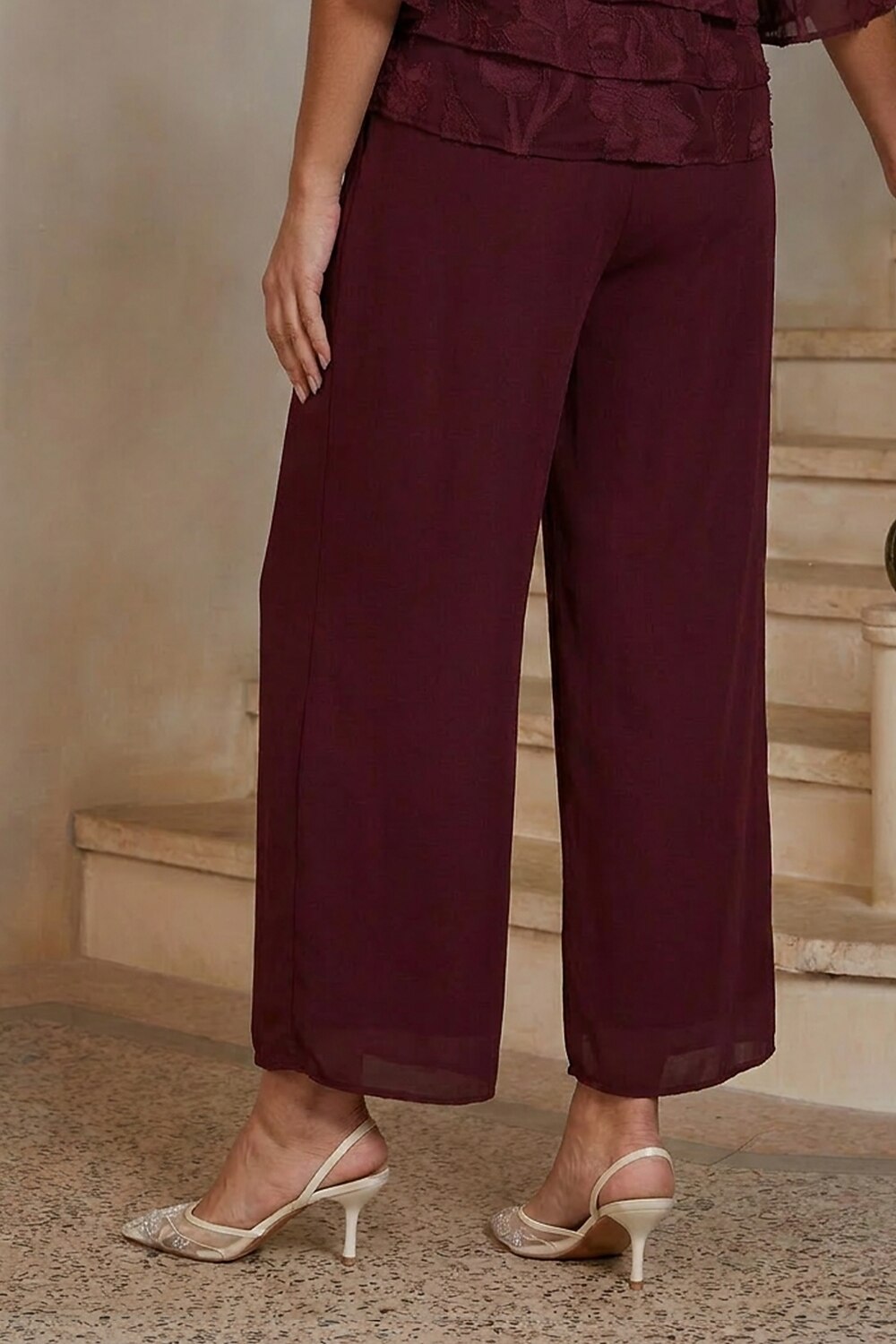 Burgundy Chiffon Straight-Leg Trousers