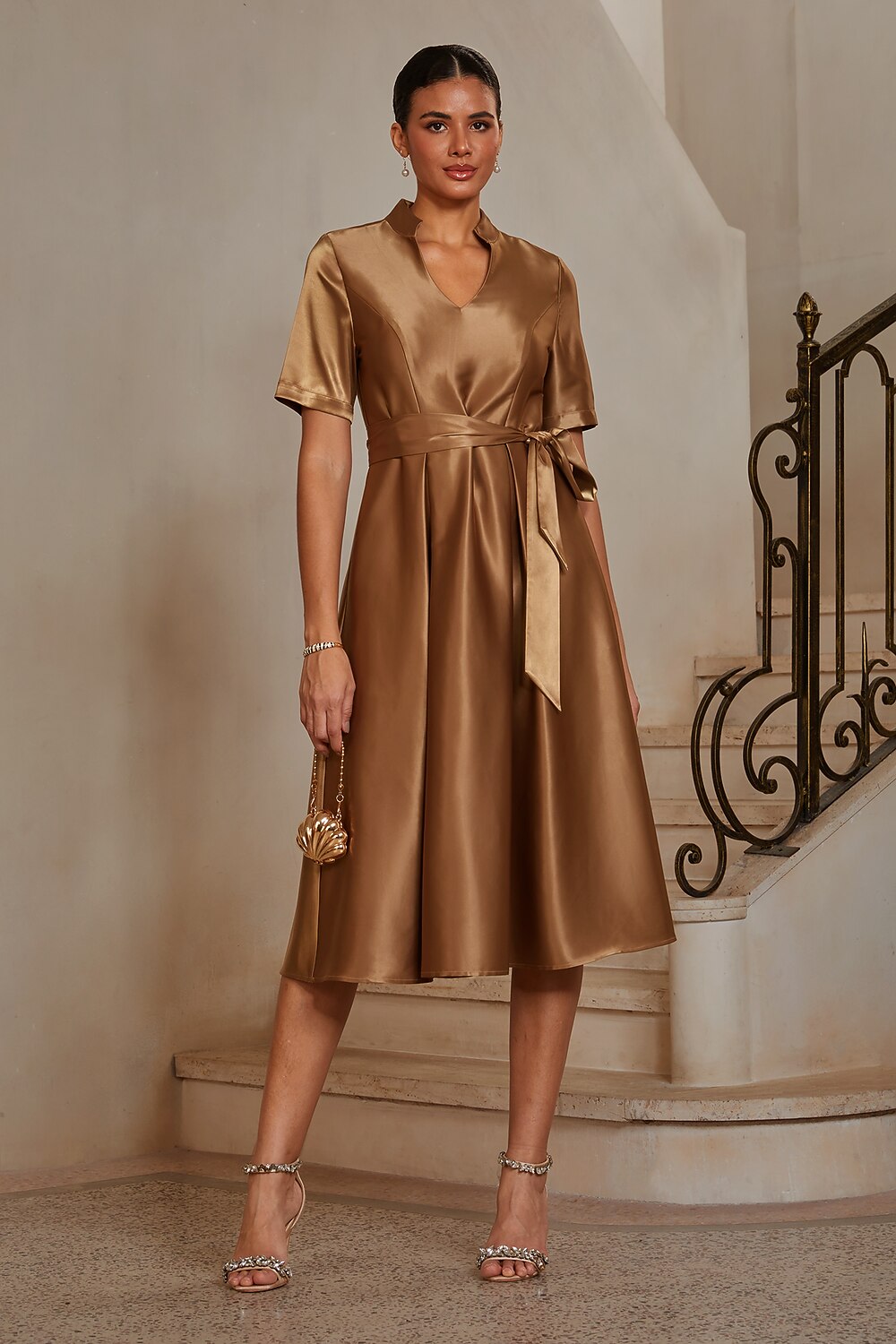 Satin Belted A-Line Midi Dress