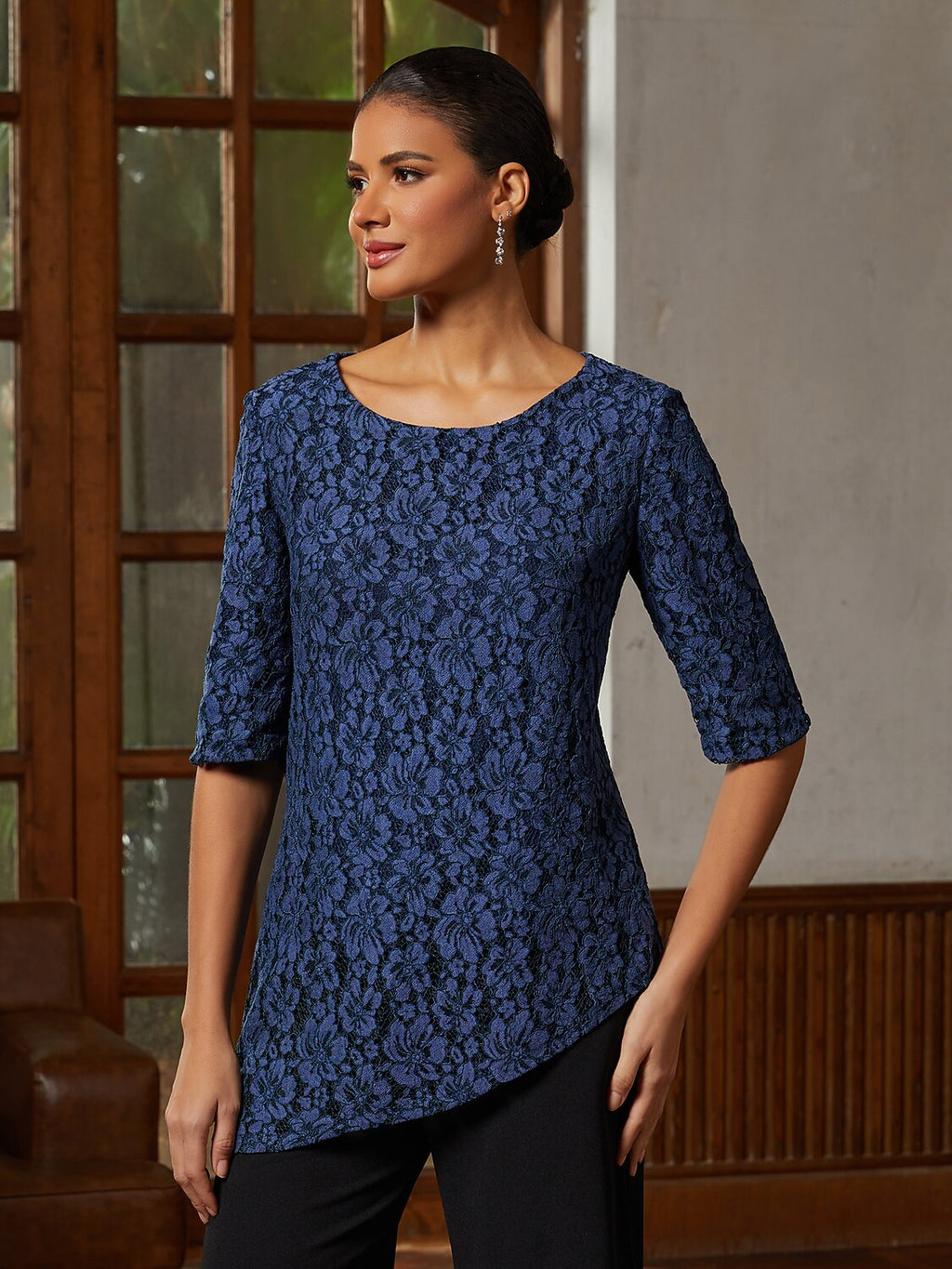 Dark Navy Lace Asymmetrical Blouse