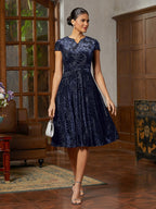 Navy Pleated Velvet Midi Dress