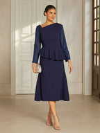 Navy Ruffle Mesh Midi Dress