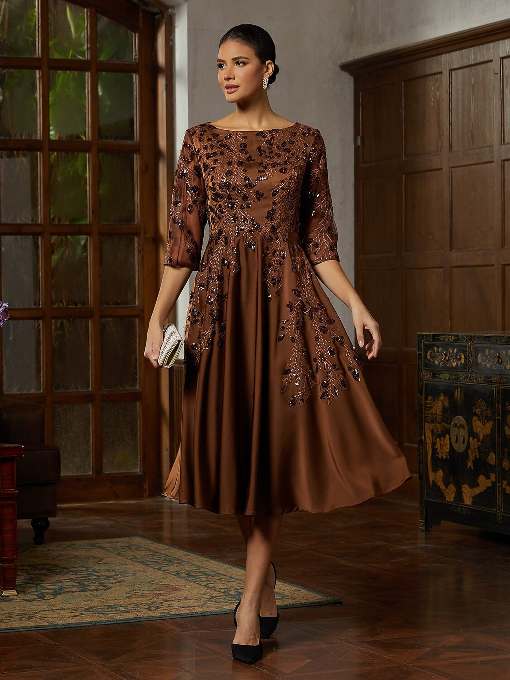 Brown Sequin Satin Midi Dress