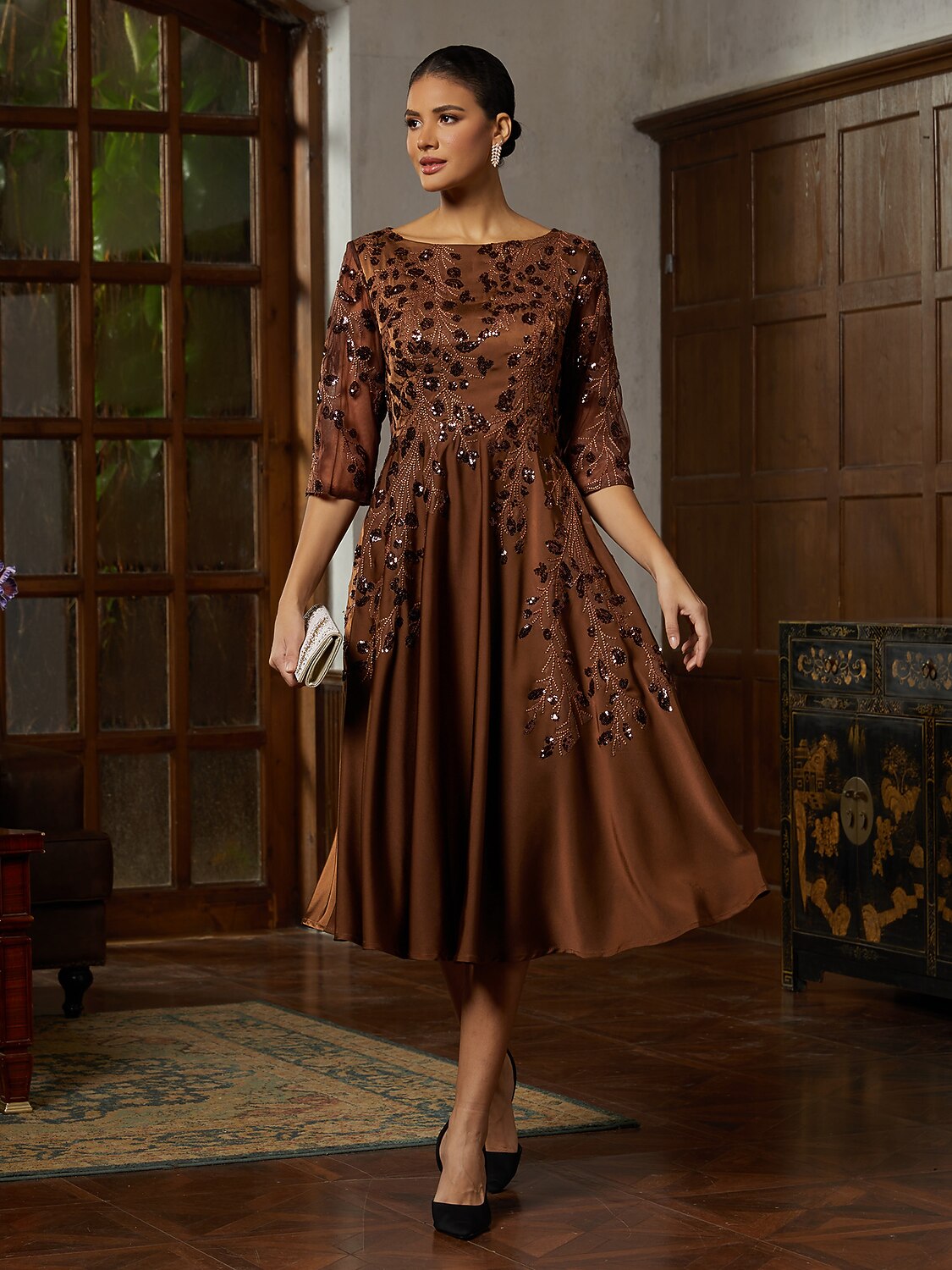 Brown Sequin Satin Midi Dress