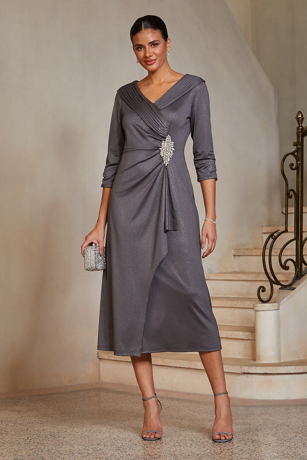 Portrait-Collar Draped Midi Dress