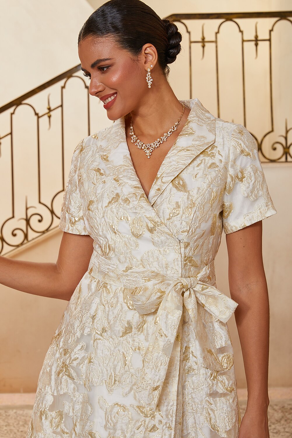 Floral Jacquard Belted Gown