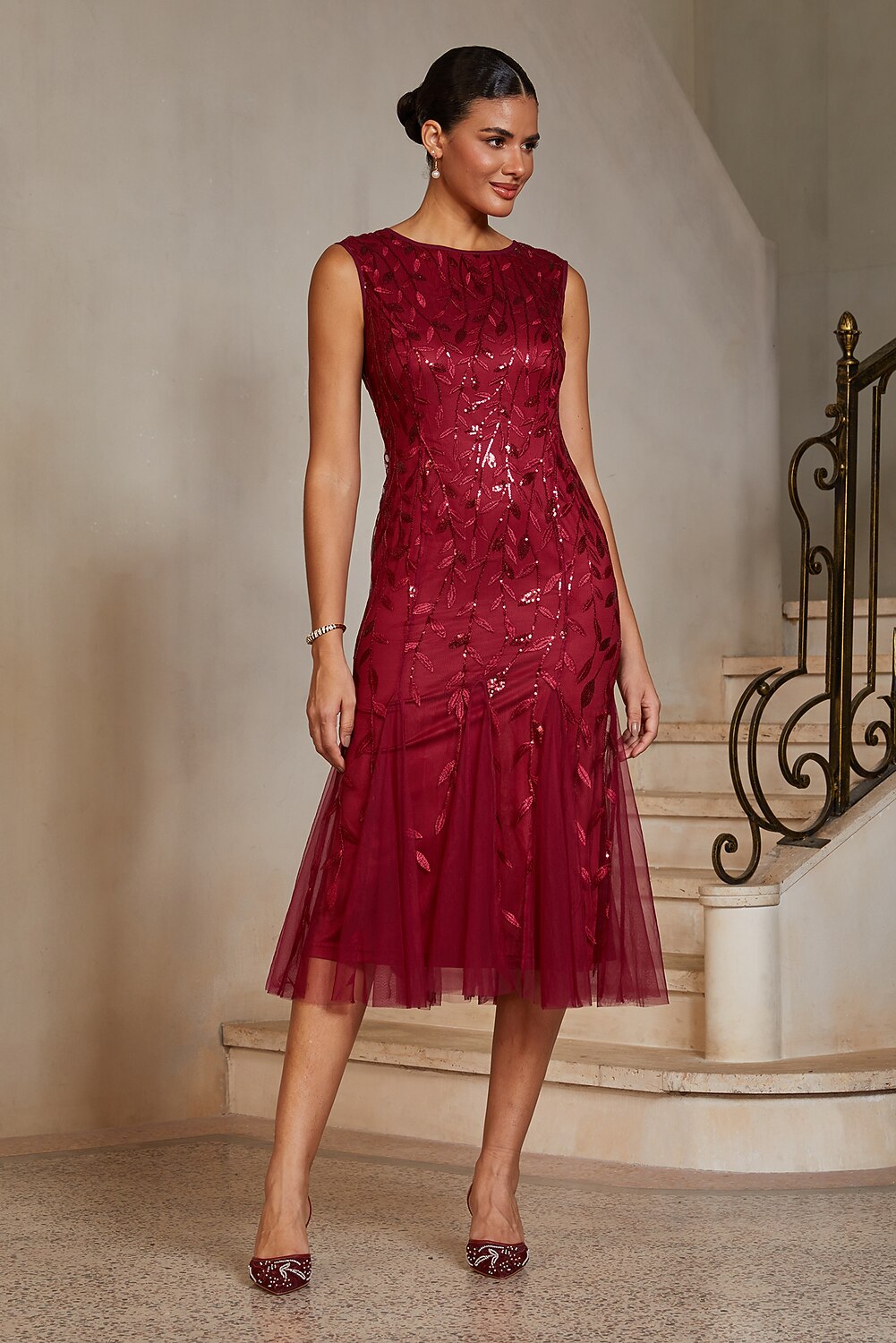 Embroidered Tulle Trumpet Midi Dress
