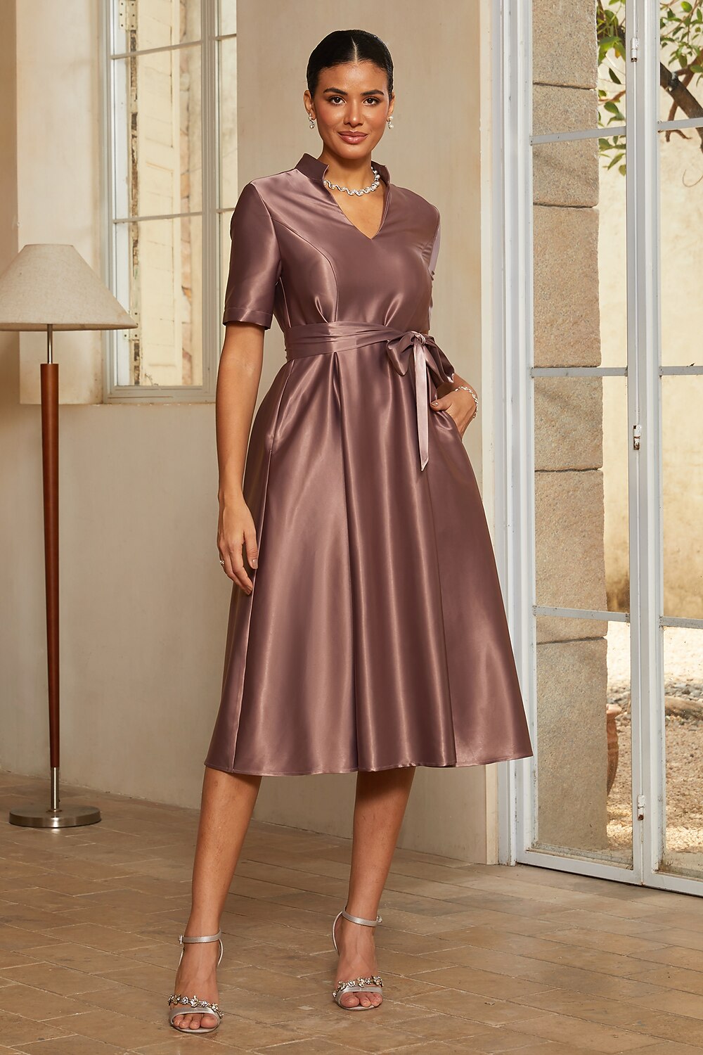 Dusk Satin Belted Midi Dress