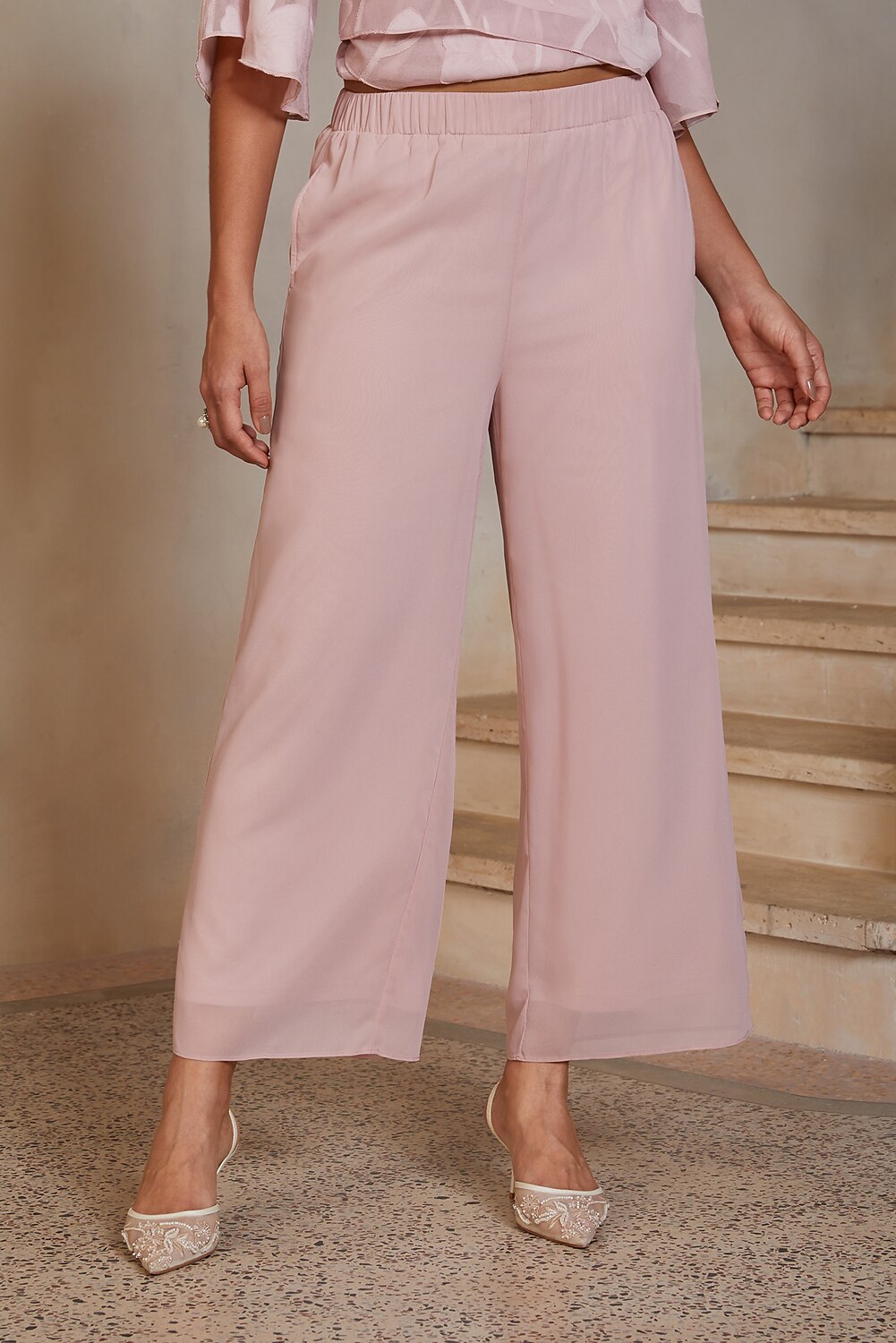 Rose Chiffon Straight-Leg Trousers