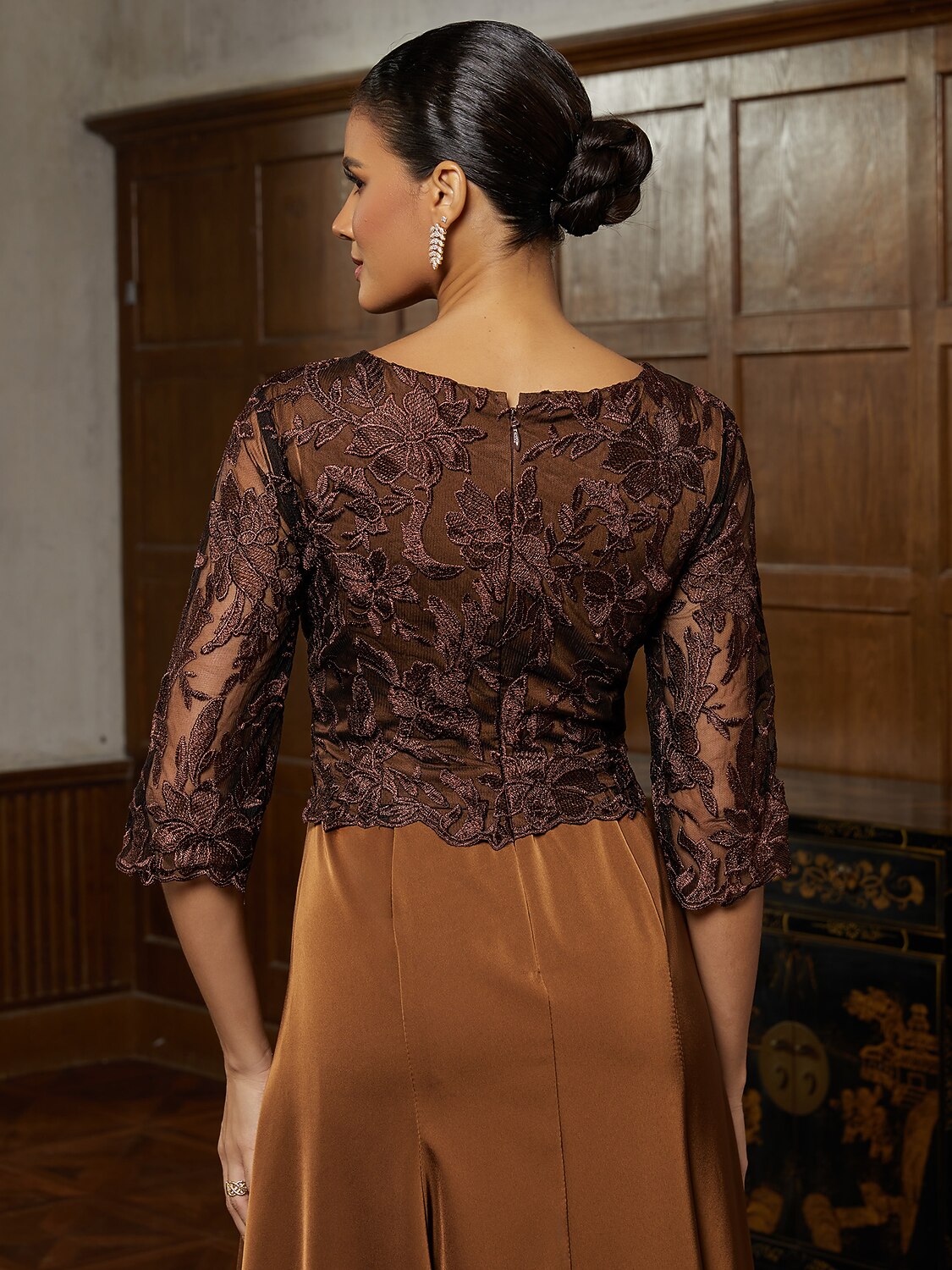 Brown Lace Trumpet Midi Dress