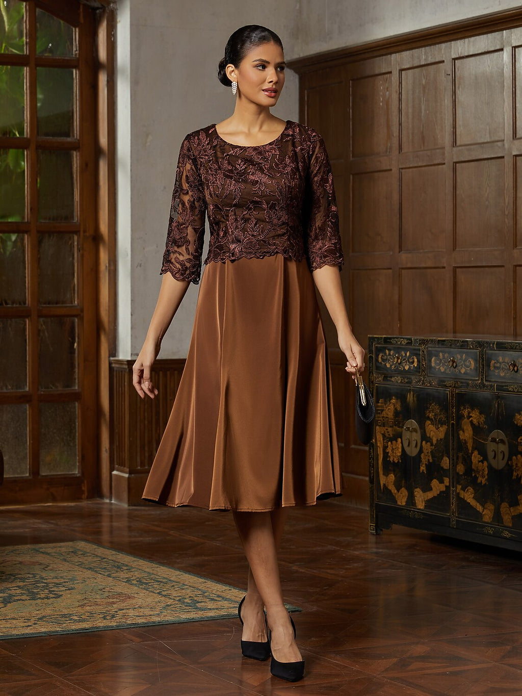 Brown Lace Trumpet Midi Dress