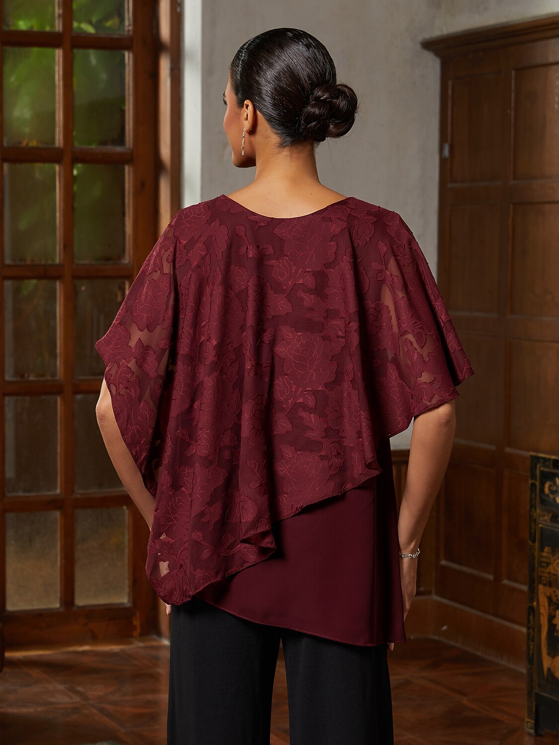 Burgundy Ruffle Chiffon Asymmetrical Blouse