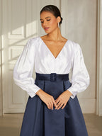 Navy Satin V-Neck Midi Dress