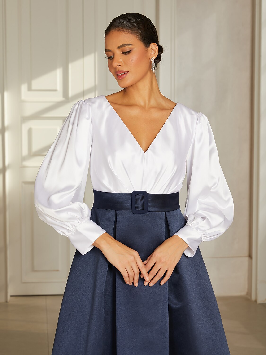 Navy Satin V-Neck Midi Dress