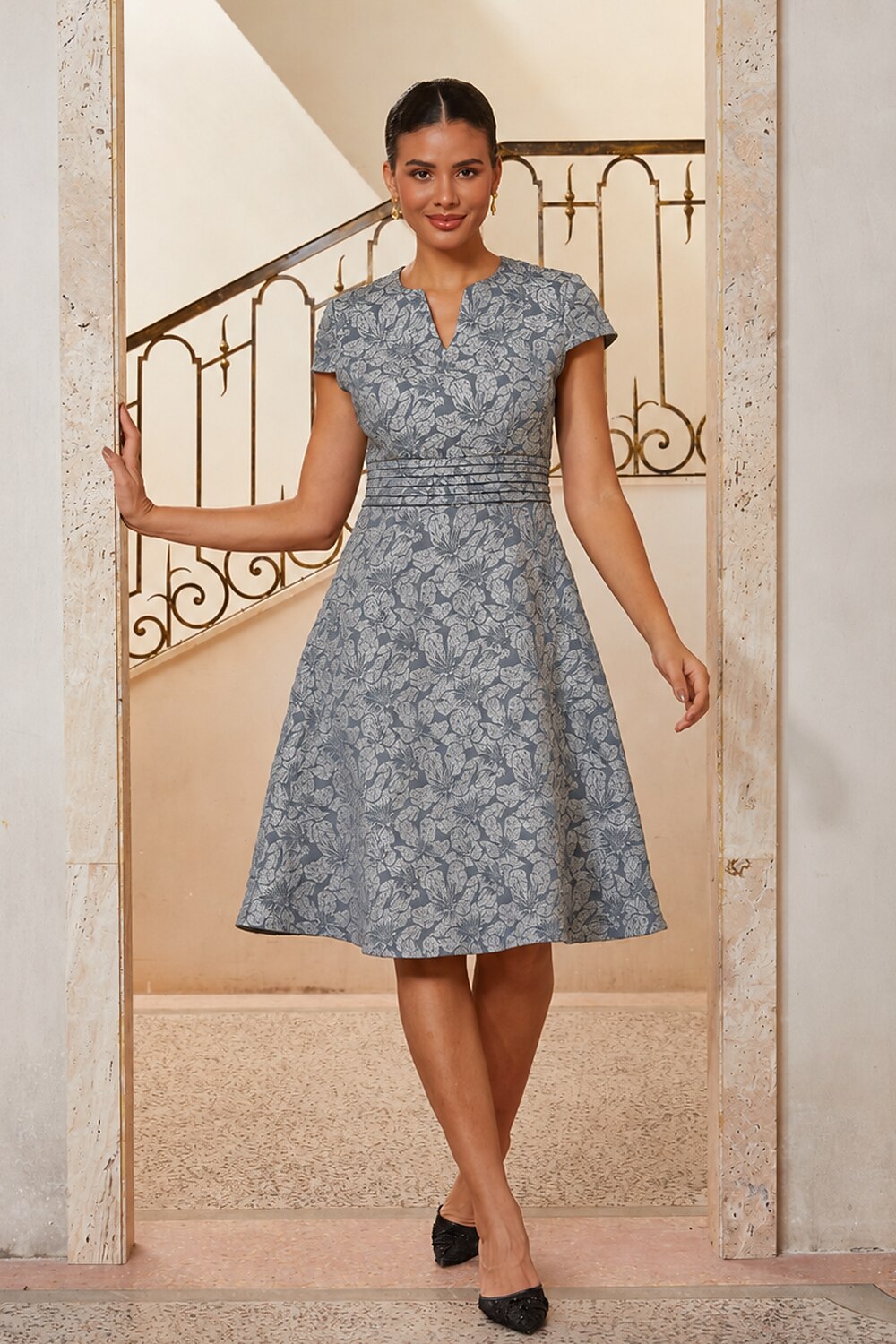 Pleated Jacquard Midi Dress
