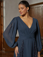 Navy Chiffon Illusion-Sleeve Midi Dress