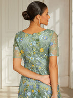 Dusty Sage Lace Applique Tea-Length Dress