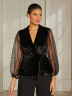 Black Velvet Lantern-Sleeve Blouse