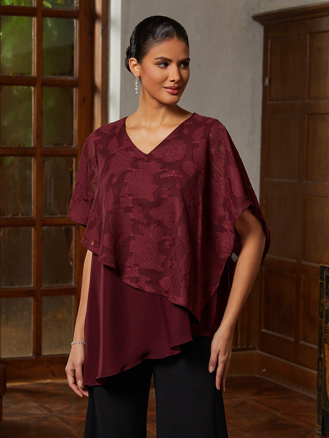 Burgundy Ruffle Chiffon Asymmetrical Blouse