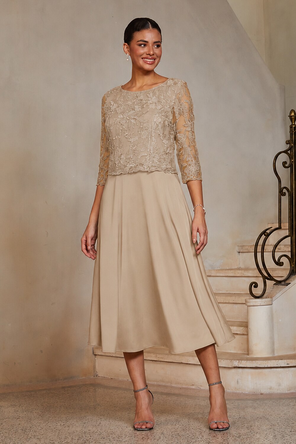 Champagne Lace Embroidered Midi Dress