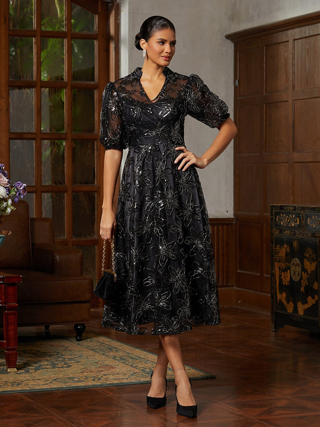Black Tulle Illusion-Sleeve Midi Dress