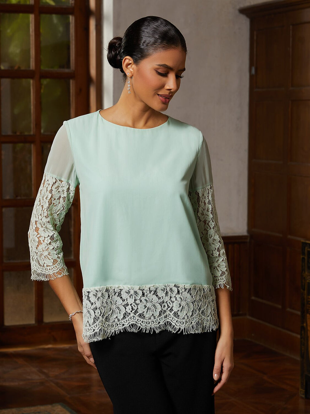 Sage Lace-Trim Chiffon Blouse