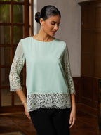 Sage Lace-Trim Chiffon Blouse