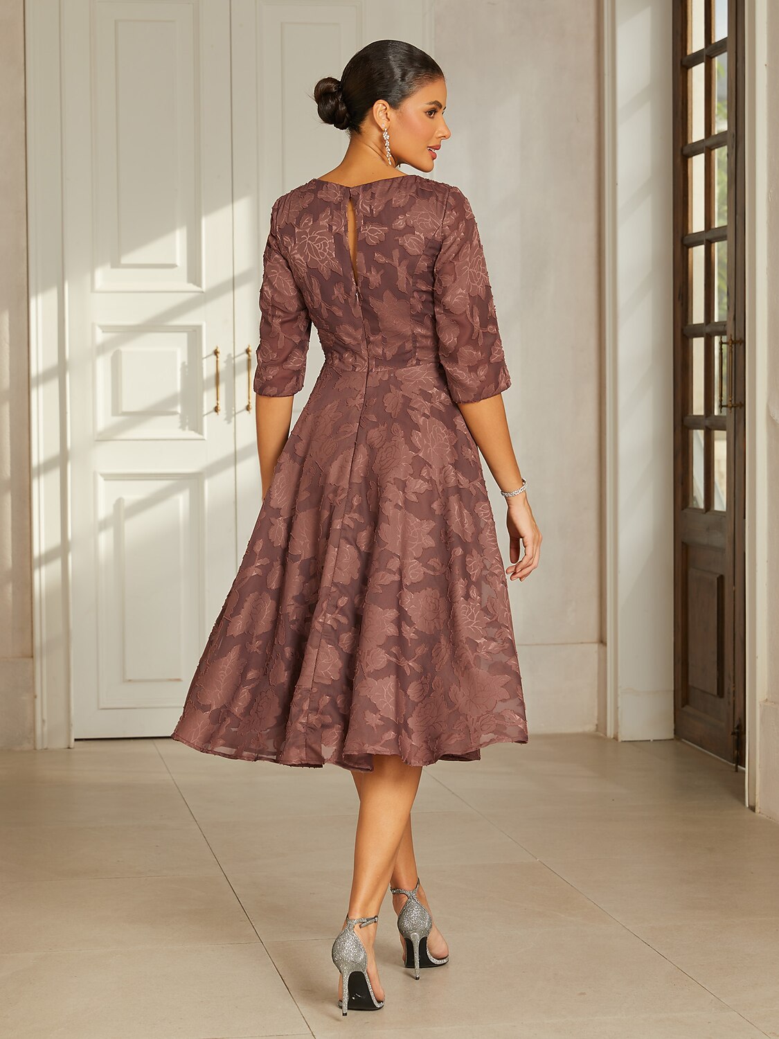 Brown Floral Jacquard Pleated Midi Dress