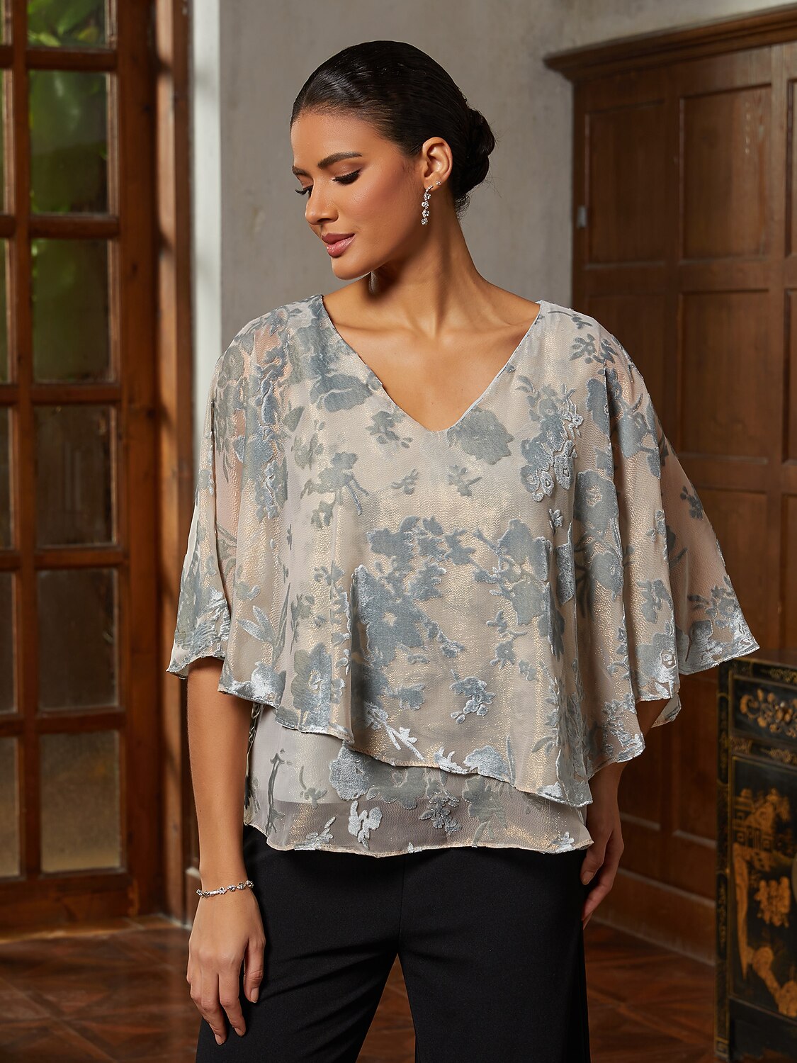 Smoky Blue Burnout Lace Ruffle Blouse
