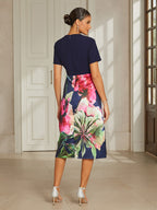 Navy Satin Column Midi Dress