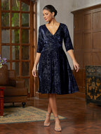 Navy Velvet A-Line Midi Dress