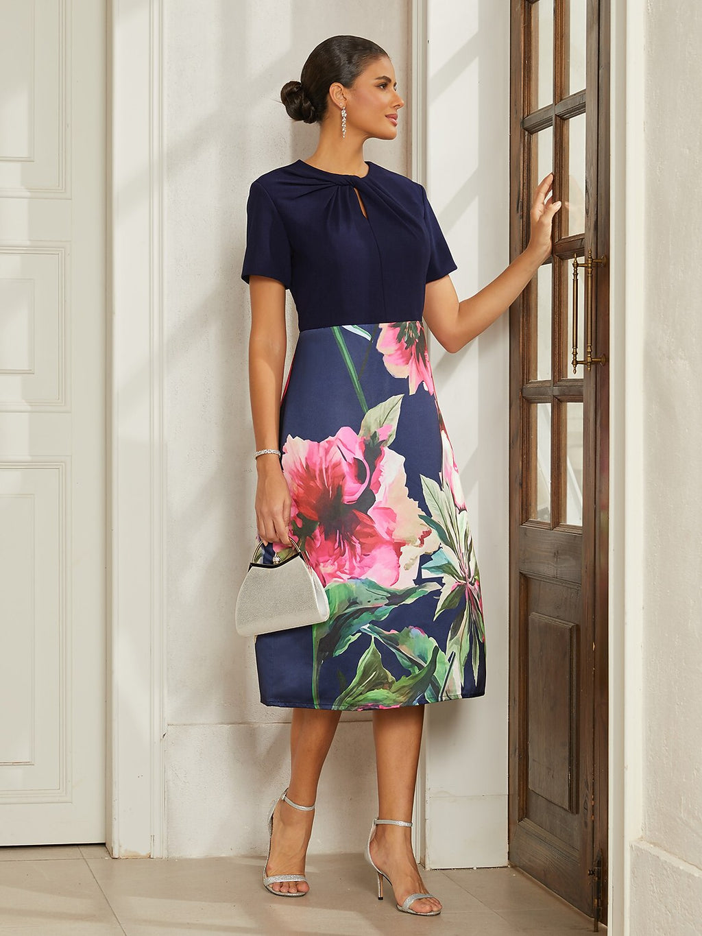 Navy Satin Column Midi Dress