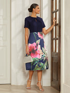Navy Satin Column Midi Dress