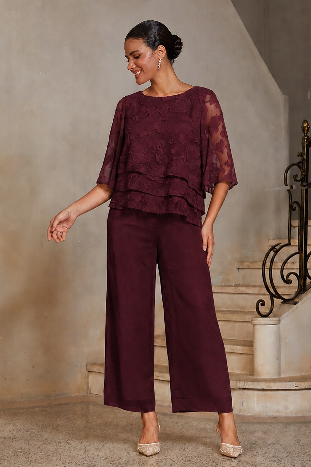 Burgundy Chiffon Straight-Leg Trousers