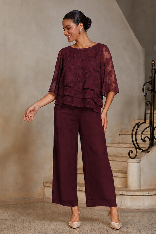 Burgundy Chiffon Straight-Leg Trousers